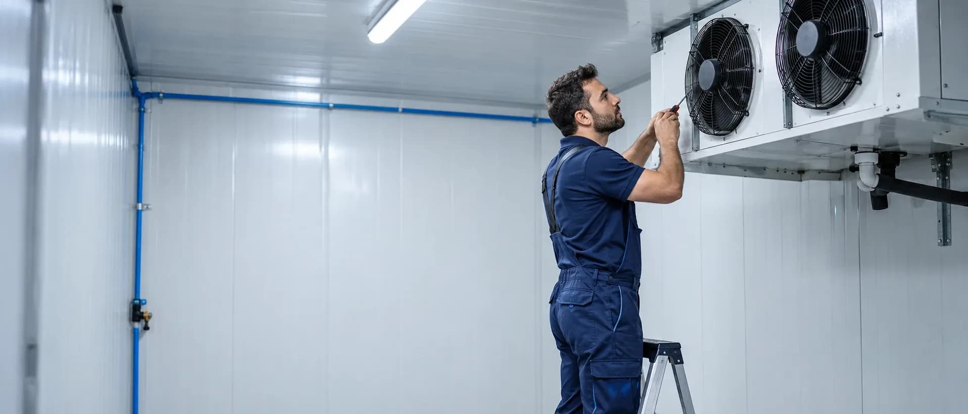 Evaporatör fanına bakım yapan teknisyen